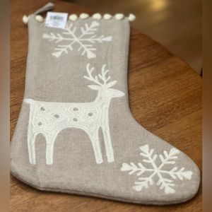 New 21” Christmas Stocking NWT Beige Ivory Reindeer Cotton Polyester Deer Snow